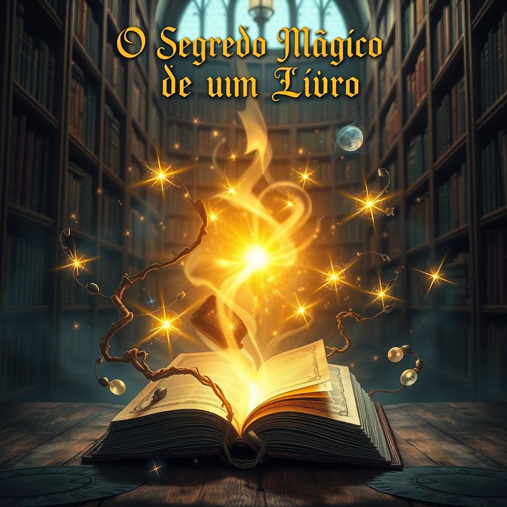 A magical and enchanting book cover for 'O Segredo Mágico de Um Livro'