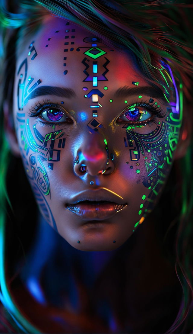 Close-up ultra-HD photograph of a beautiful woman with glowing futuristic tattoos in a moody editorial setting.