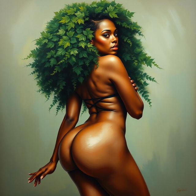 A polished, oil-based painting depicting the full nude body view of a gorgeous black woman with a green tree afro, beautiful breasts, and a big booty in a sensual pose