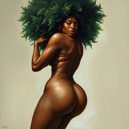 A polished, oil-based painting depicting the full nude body view of a gorgeous black woman with a green tree afro, beautiful breasts, and a big booty in a sensual pose