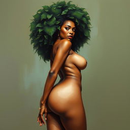 A polished, oil-based painting depicting the full nude body view of a gorgeous black woman with a green tree afro, beautiful breasts, and a big booty in a sensual pose