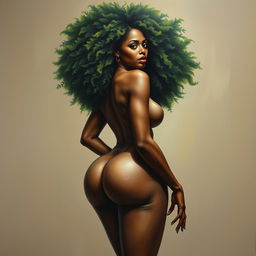 A polished, oil-based painting depicting the full nude body view of a gorgeous black woman with a green tree afro, beautiful breasts, and a big booty in a sensual pose