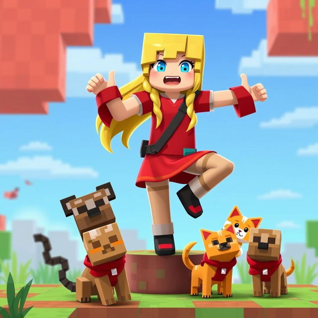 Alex from Minecraft with blonde hair, balancing on one leg alongside dogs and cats, all wearing red clothing