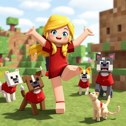 Alex from Minecraft with blonde hair, balancing on one leg alongside dogs and cats, all wearing red clothing