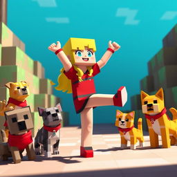 Alex from Minecraft with blonde hair, balancing on one leg alongside dogs and cats, all wearing red clothing