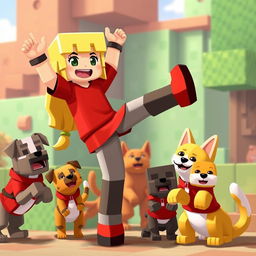 Alex from Minecraft with blonde hair, balancing on one leg alongside dogs and cats, all wearing red clothing