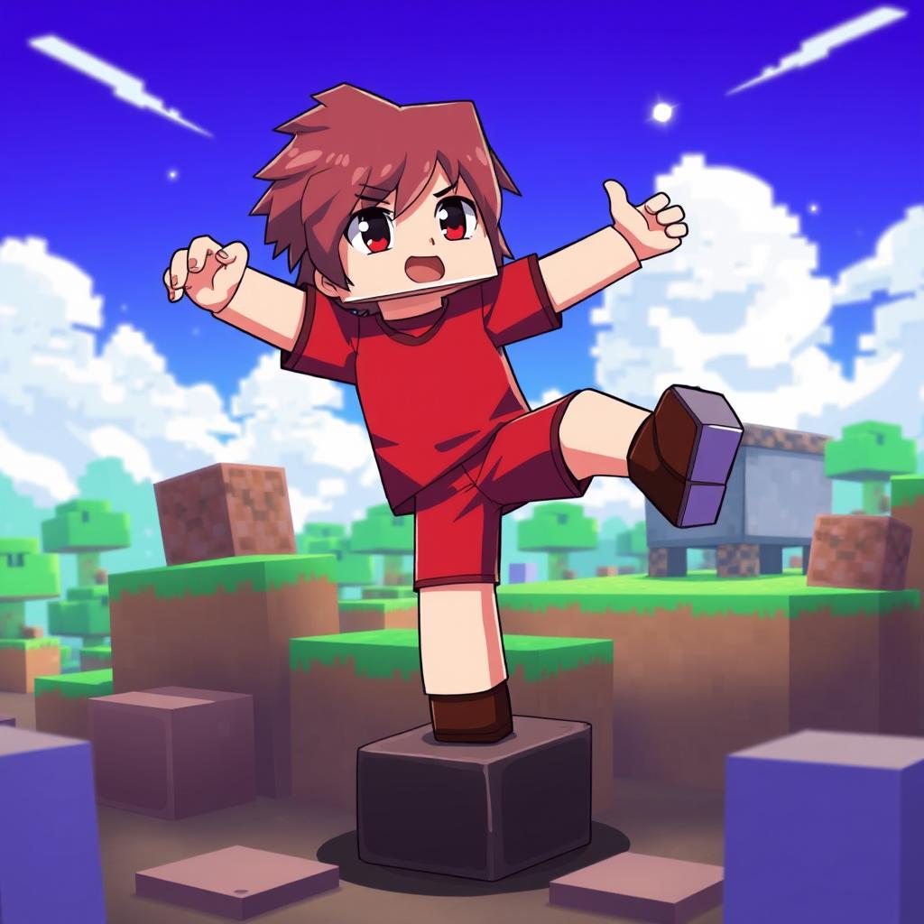 Alex from Minecraft in anime style, inspired by the Silpajea YouTube channel, balancing on one leg and wearing red clothing