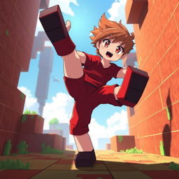 Alex from Minecraft in anime style, inspired by the Silpajea YouTube channel, balancing on one leg and wearing red clothing