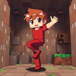 Alex from Minecraft in anime style, inspired by the Silpajea YouTube channel, balancing on one leg and wearing red clothing