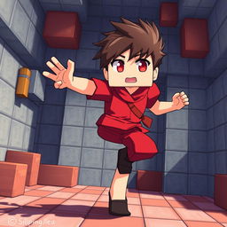 Alex from Minecraft in anime style, inspired by the Silpajea YouTube channel, balancing on one leg and wearing red clothing