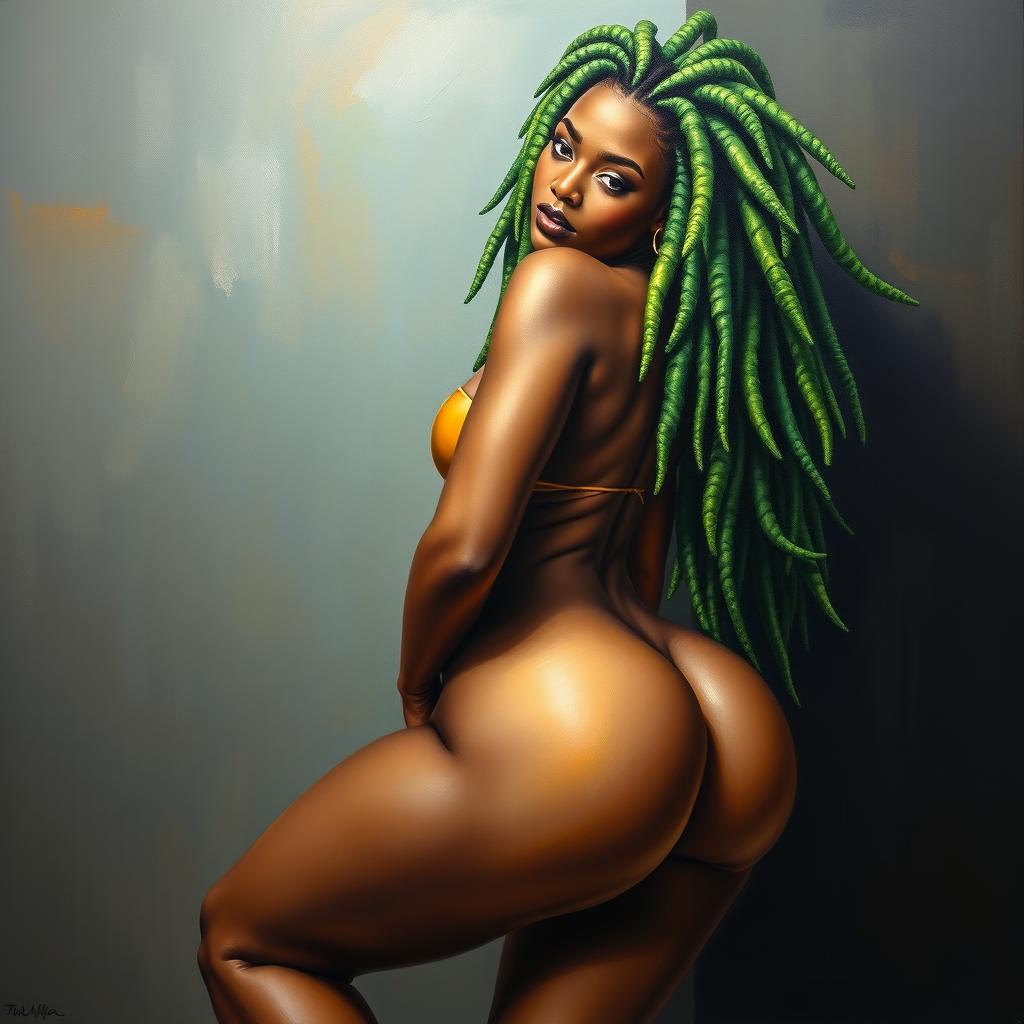 A polished, oil-based painting depicting a full nude body view of a gorgeous black woman with bright green tree-like dreadlocks, beautiful breasts, and a big booty in a sensual pose