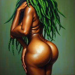 A polished, oil-based painting depicting a full nude body view of a gorgeous black woman with bright green tree-like dreadlocks, beautiful breasts, and a big booty in a sensual pose