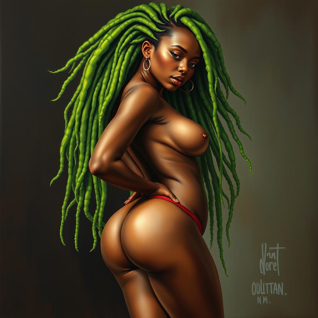 A polished, oil-based painting depicting a full nude body view of a gorgeous black woman with bright green tree-like dreadlocks, beautiful breasts, and a big booty in a sensual pose