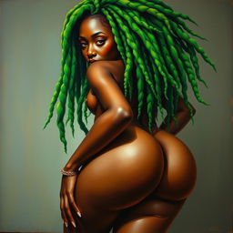 A polished, oil-based painting depicting a full nude body view of a gorgeous black woman with bright green tree-like dreadlocks, beautiful breasts, and a big booty in a sensual pose