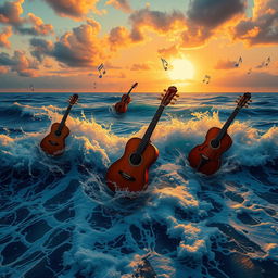 A chaotic scene where music and the sea intertwine in vibrant harmony