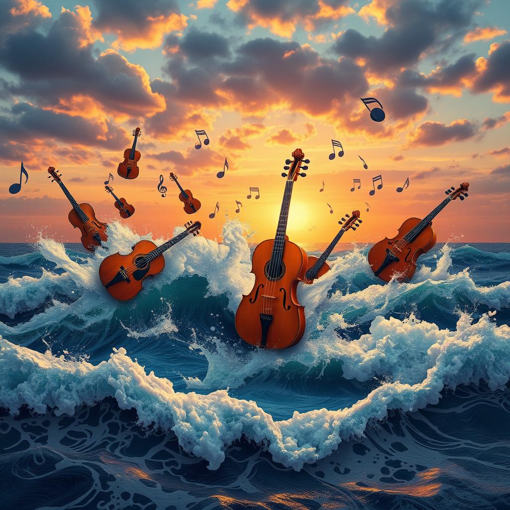 A chaotic scene where music and the sea intertwine in vibrant harmony