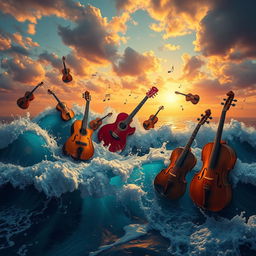 A chaotic scene where music and the sea intertwine in vibrant harmony