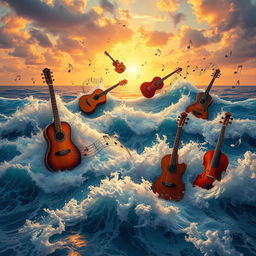 A chaotic scene where music and the sea intertwine in vibrant harmony