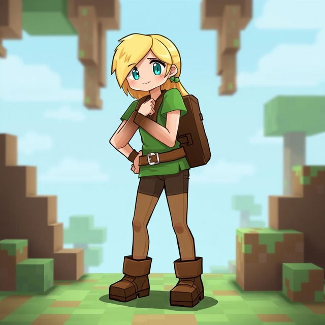 Alex from Minecraft, a female character with blonde hair, wearing a green shirt, brown pants, and boots