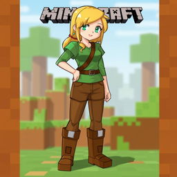 Alex from Minecraft, a female character with blonde hair, wearing a green shirt, brown pants, and boots