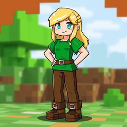 Alex from Minecraft, a female character with blonde hair, wearing a green shirt, brown pants, and boots