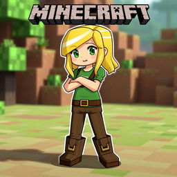 Alex from Minecraft, a female character with blonde hair, wearing a green shirt, brown pants, and boots