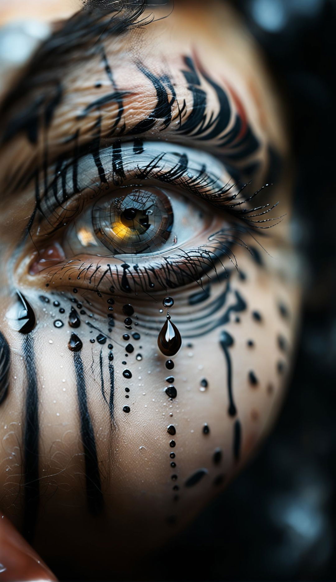 Ultra close-up photograph of a teardrop about to fall into water causing ripples, with an intricate facial tattoo extending from the eye to the cheekbone.