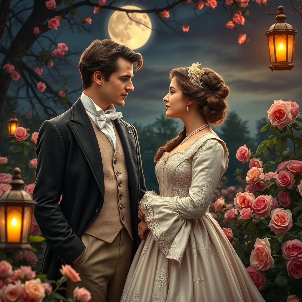 A beautifully detailed historical romance scene set in the 19th century