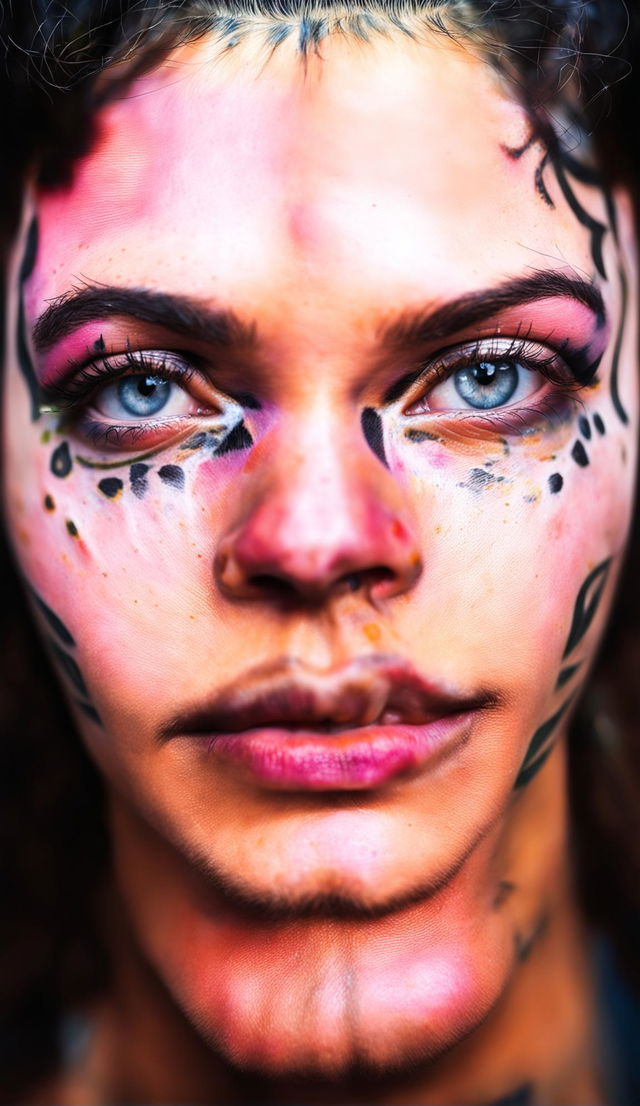 Intense close up, blue eyes with black flower facial tattoos