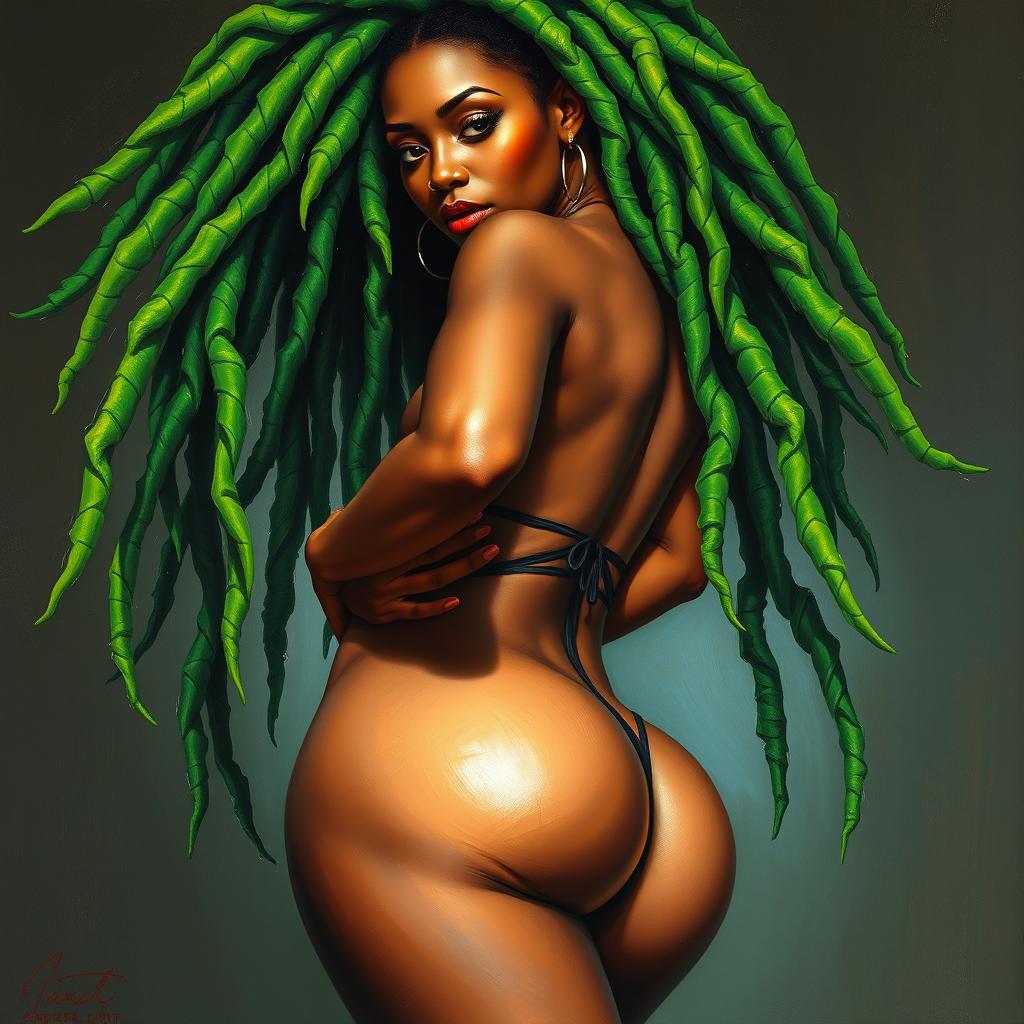 A polished, oil-based painting depicting a full nude body view of a gorgeous black woman with bright green tree-like dreadlocks, beautiful breasts, and a big booty in a sensual pose