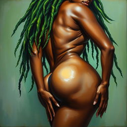 A polished, oil-based painting depicting a full nude body view of a gorgeous black woman with bright green tree-like dreadlocks, beautiful breasts, and a big booty in a sensual pose