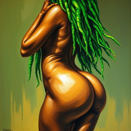 A polished, oil-based painting depicting a full nude body view of a gorgeous black woman with bright green tree-like dreadlocks, beautiful breasts, and a big booty in a sensual pose