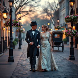 A picturesque period romance scene set in a charming Victorian era setting