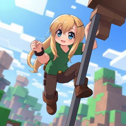 Alex from Minecraft in anime style, inspired by the Silpajea YouTube channel, is about to sit on a pole