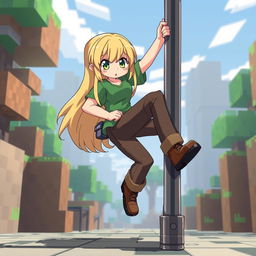 Alex from Minecraft in anime style, inspired by the Silpajea YouTube channel, is about to sit on a pole