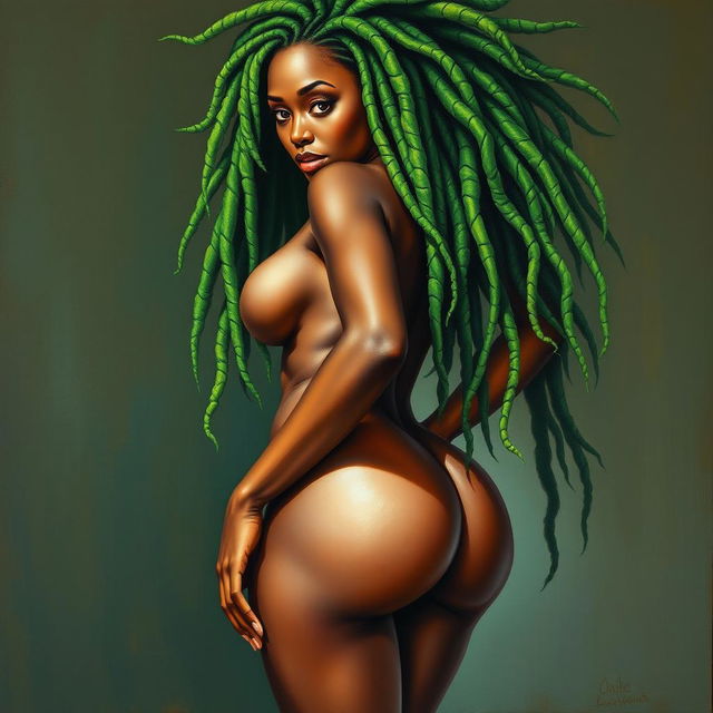 A polished, oil-based painting depicting a full nude body view of a gorgeous black woman with bright green tree-like dreadlocks, beautiful breasts, and a big booty in a sensual pose