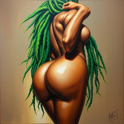 A polished, oil-based painting depicting a full nude body view of a gorgeous black woman with bright green tree-like dreadlocks, beautiful breasts, and a big booty in a sensual pose