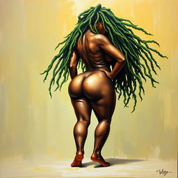 A polished, oil-based painting depicting a full nude body view of a gorgeous black woman with bright green tree-like dreadlocks, beautiful breasts, and a big booty in a sensual pose