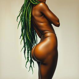 A polished, oil-based painting depicting a full nude body view of a gorgeous black woman with bright green tree-like dreadlocks, beautiful breasts, and a big booty in a sensual pose