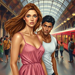 A realistic painting-style book cover featuring a young woman with flowing brown hair and expressive eyes, wearing a pink dress with spaghetti straps