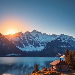 A majestic mountain range covered in snow under a clear blue sky