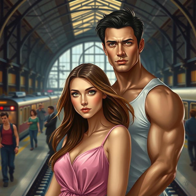 A realistic painting-style book cover featuring a young woman with flowing brown hair, expressive eyes, and wearing a pink dress with spaghetti straps