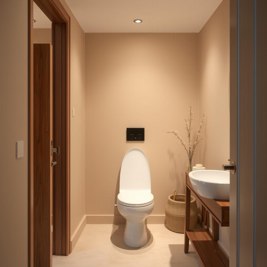 A small, elegantly designed bathroom featuring soft beige walls that create a warm and cozy ambiance