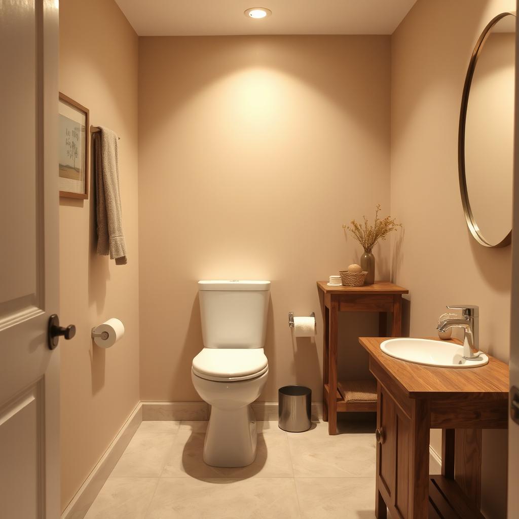 A small, elegantly designed bathroom featuring soft beige walls that create a warm and cozy ambiance