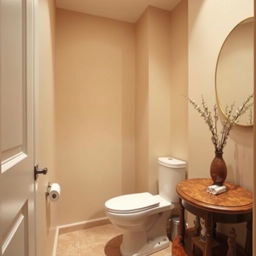 A small, elegantly designed bathroom featuring soft beige walls that create a warm and cozy ambiance