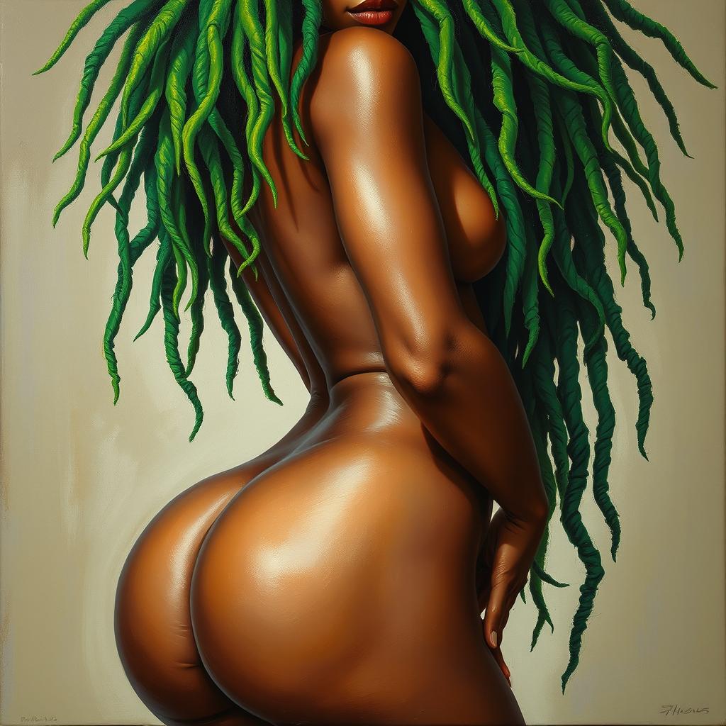 A polished, oil-based painting depicting a full nude body view of a gorgeous black woman with bright green tree-like dreadlocks, beautiful breasts, and a big booty in an up-close sensual pose