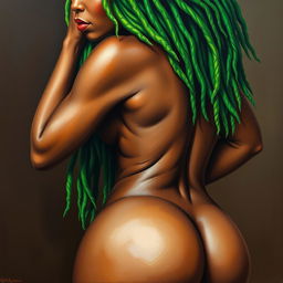 A polished, oil-based painting depicting a full nude body view of a gorgeous black woman with bright green tree-like dreadlocks, beautiful breasts, and a big booty in an up-close sensual pose