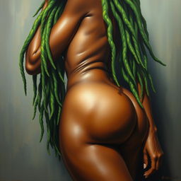 A polished, oil-based painting depicting a full nude body view of a gorgeous black woman with bright green tree-like dreadlocks, beautiful breasts, and a big booty in an up-close sensual pose