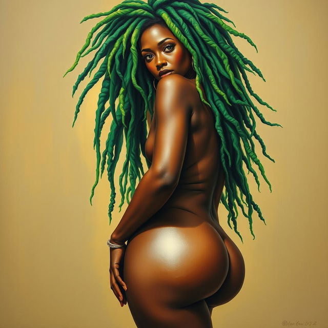 A polished, oil-based painting depicting a full nude body view of a gorgeous black woman with bright green tree-like dreadlocks, beautiful breasts, and a big booty in an up-close sensual pose