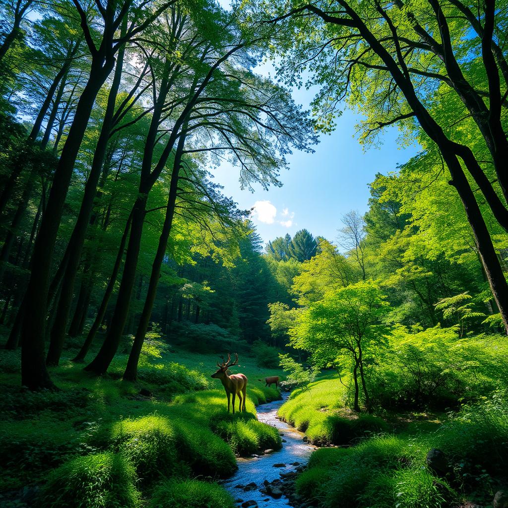 A lush green forest scene with tall trees, a clear blue sky visible through the canopy, and a gentle stream flowing through the vegetation